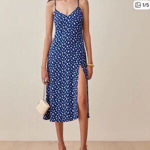 Reformation Blue and White Polka Dot Midi Dress
